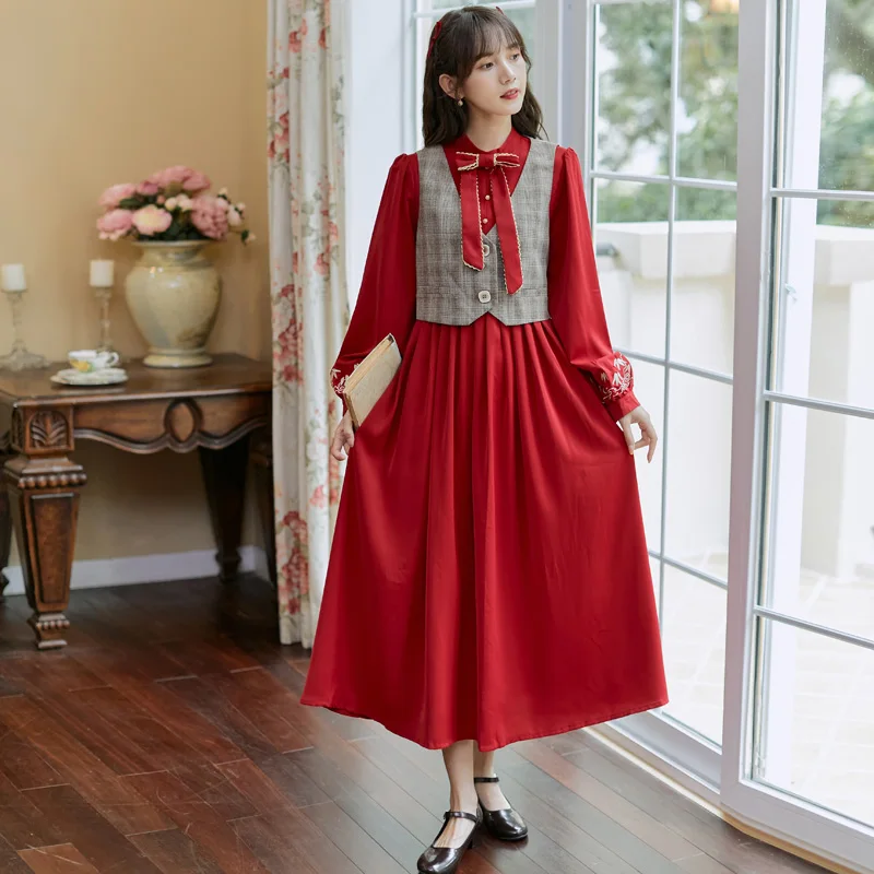 

New Arrival Red Embroidery Women Vest Dress Sweet Bow Collar Long Sleeve Fall Vestido Plaid Vest Pleated Retro Christmas Dress
