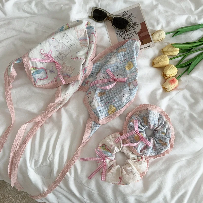 Damen Scrunchie Kopftuch Koreanischer süßer Stil Spaß Plaid Hund Katze Dreieck Schal Niedliche Spitze Stirnband Haarschmuck Kombination – Detail 4