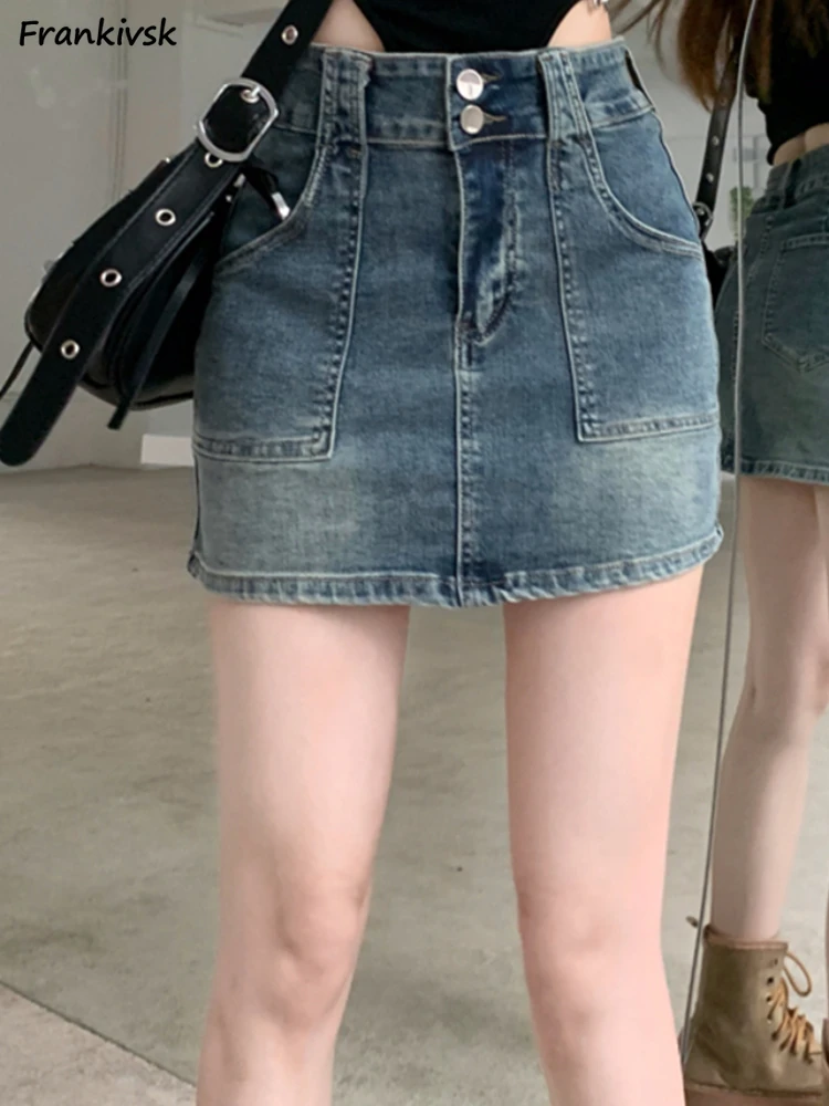 

Denim Skirts Women Button Slim Vintage Sexy High Street Solid Leisure All-match Basic Trendy Waist Fit Simple Summer Chic