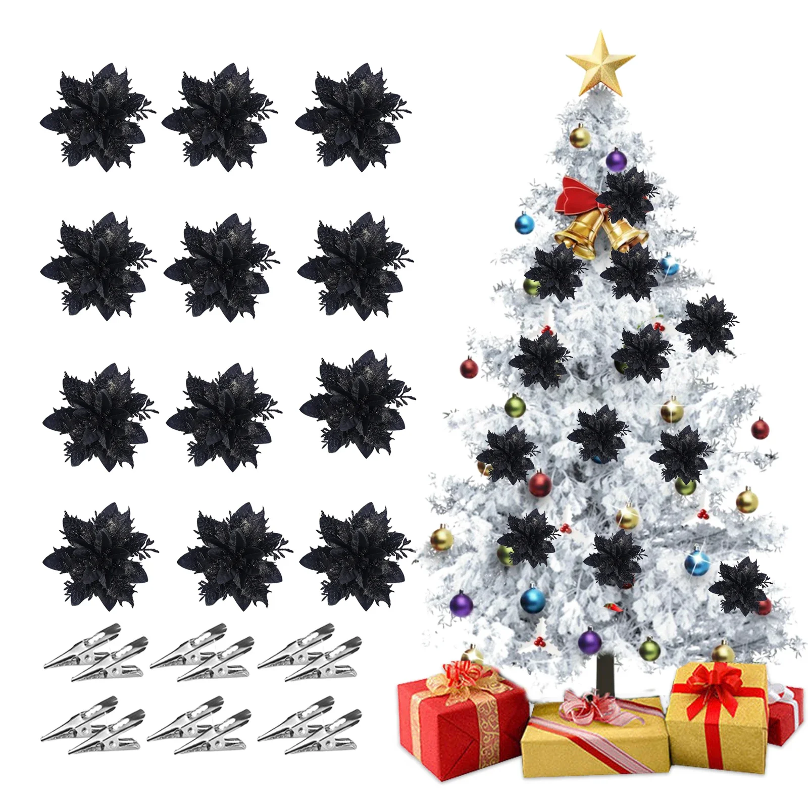 Glitter Artificial Christmas Flowers 12PCS 14cm with Clips Xmas Tree Ornaments for Home New Year Gifts Navidad