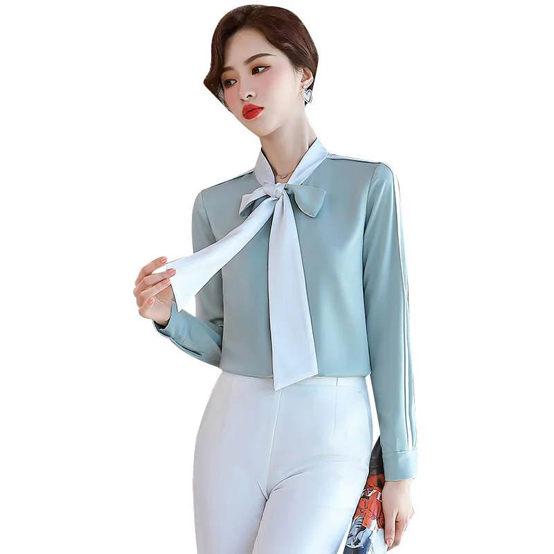 

Lenshin Soft Fabric Shirts for Women V-neck Blouse with Bow Work Wear Office Lady Female Patchwork Tops Chemise Loose style