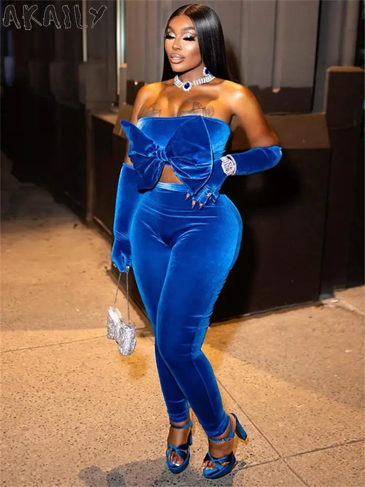 

Akaily Autumn Sexy Blue Bodycon Villus 2 Two Piece Pants Set Night Club Clothing For Woman 2023 Backless Crop Top Pants Set