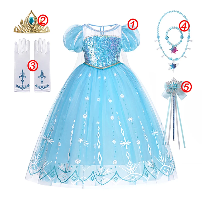 Elsa Princess Dress for Girls White Sequined Mesh Ball Gown Carnival Clothing Kids Cosplay Snow Queen Costume