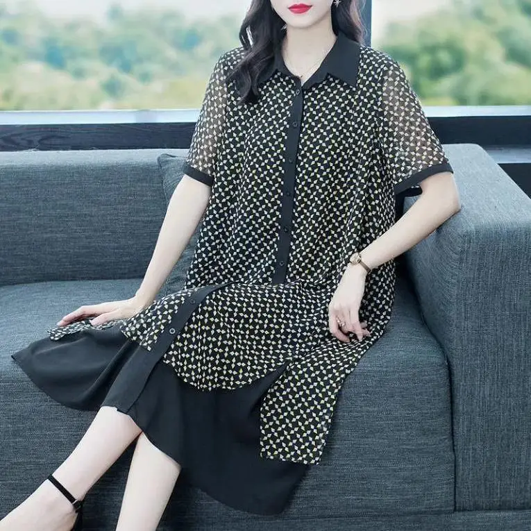 

Summer Vintage Casual Turn Down Collar Short Sleeve Loose Printing A Line Pullover Dress Female Elegant Patchwork Vestidos M487