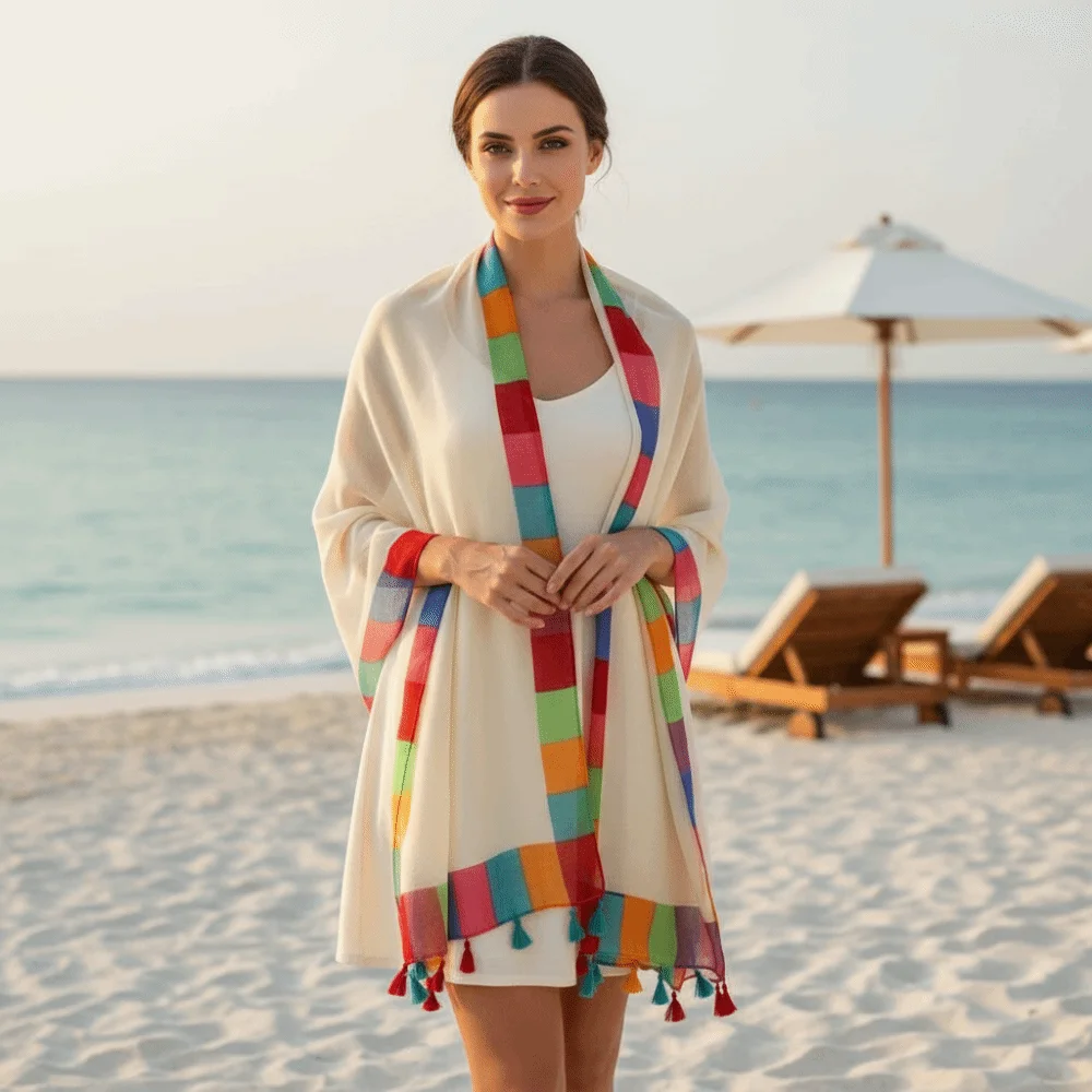 Sciarpa in Pashmina con Frange e Bordo Arcobaleno, in Lino, Color Block, Leggera, da Spiaggia, con Nappe, Traspirante, Protezione Solare, Sarong Donna - immagine 2