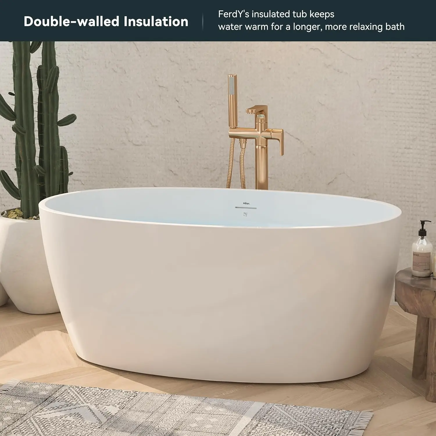 55" Freestanding Bathtub Elegant Oval Shape Soaking Bathtub Glossy White Brushed Nickel Drain Integrated Slotted Overflow 2