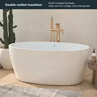 55" Freestanding Bathtub Elegant Oval Shape Soaking Bathtub Glossy White Brushed Nickel Drain Integrated Slotted Overflow 2