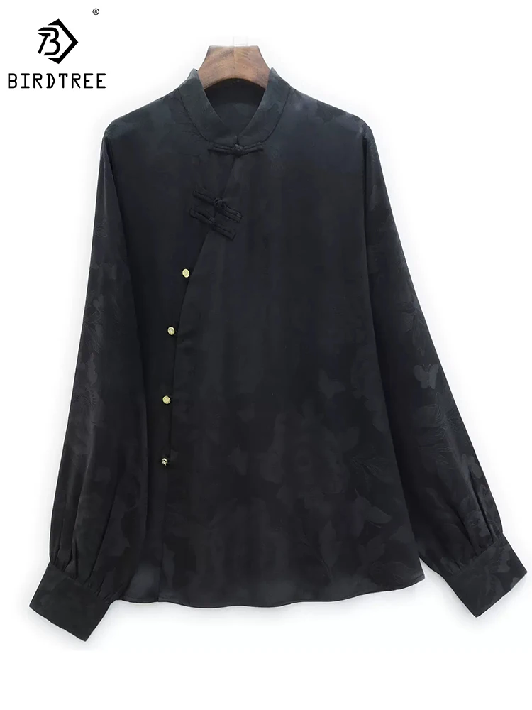 

BirdTree 35MM XiangYunSha Real Silk Blouse Women,Chinoiserie Stand Neck Jacquard,Elegant Casual Chinese Top,2024 Spring T41078QD