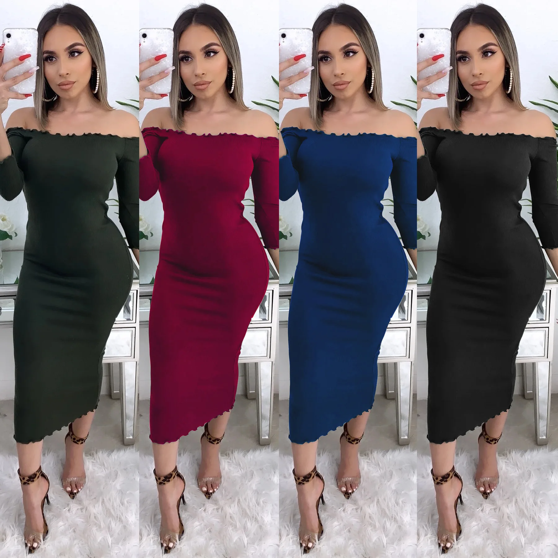 

2022 Autumn Women's Sexy One Shoulder Knitted Long Dress