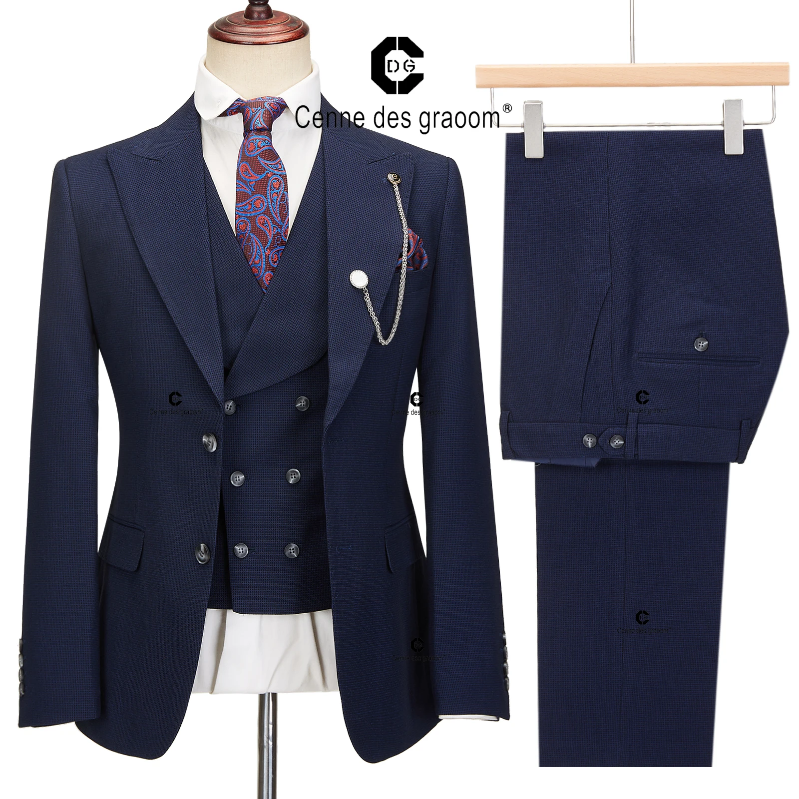 Cenne Des Graoom 2024 Elegant Men Suits Single-Breasted Plaid Two Button Blazer Waistcoat Pants 3 Piece Set Classic Fit Formal 5