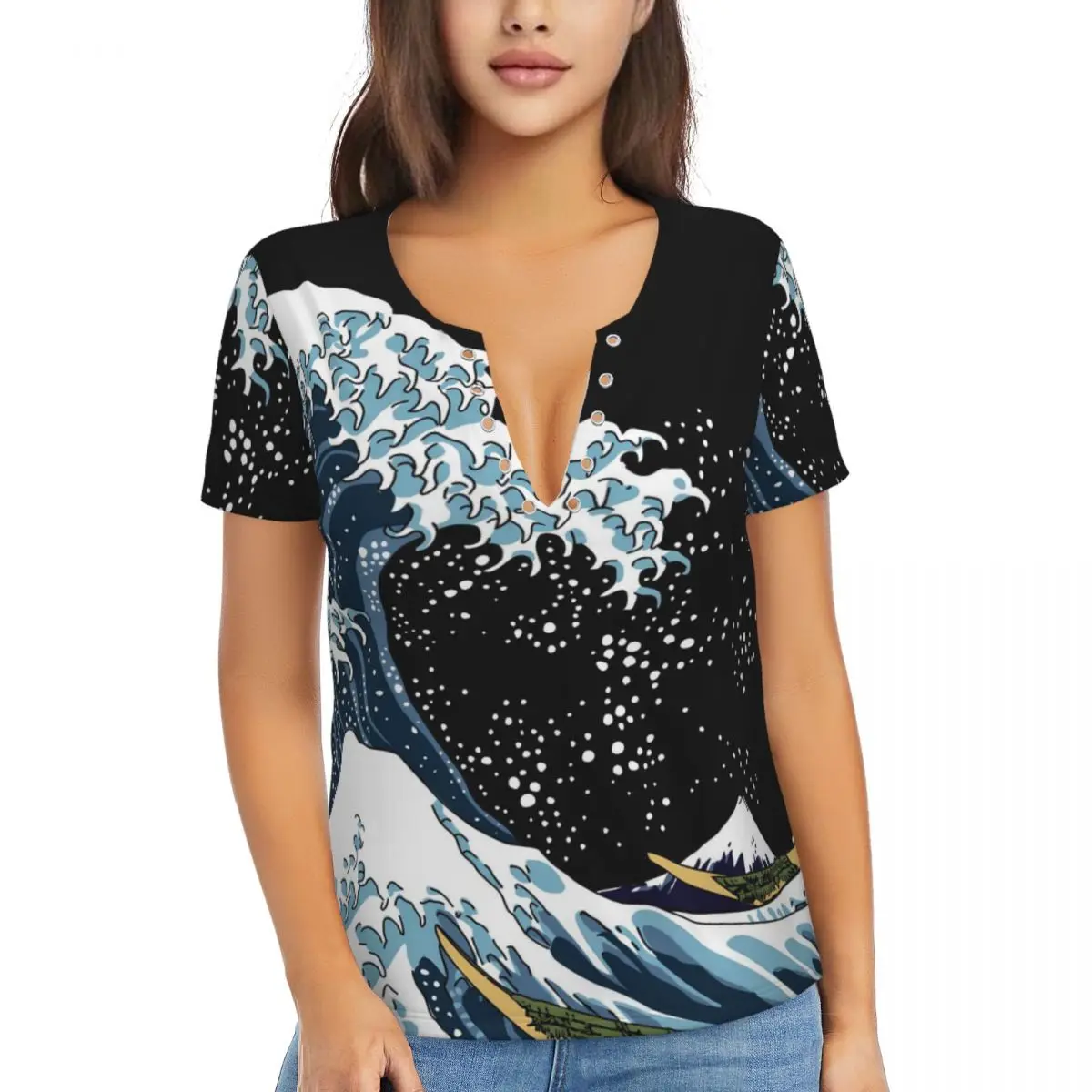 The Great Wave T Shirts Katsushika Hokusai Deep V Neck T-Shirt Japan Design - Picture 24 of 41