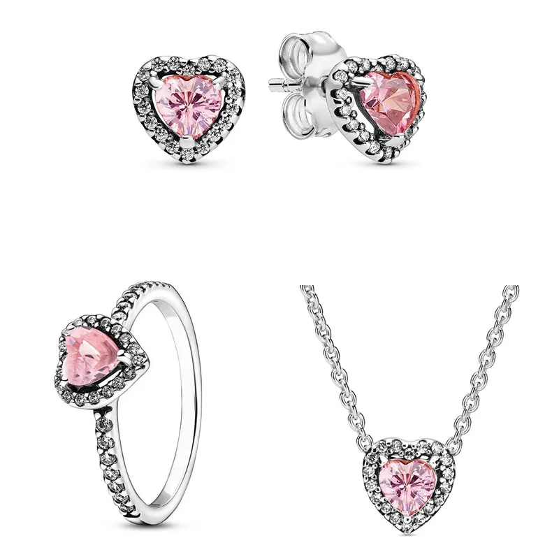 

Authentic 925 Sterling Silver Elevated Heart Earring Ring Necklace With Pink Crystal For Women Birthday Gift Fashion Jewelry