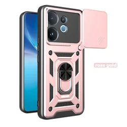 Magnetic Ring Holder Case with Slide Camera Lens Protection - Shockproof Stand, Hard Phone Cover for VIVO V50 (Rose Gold)