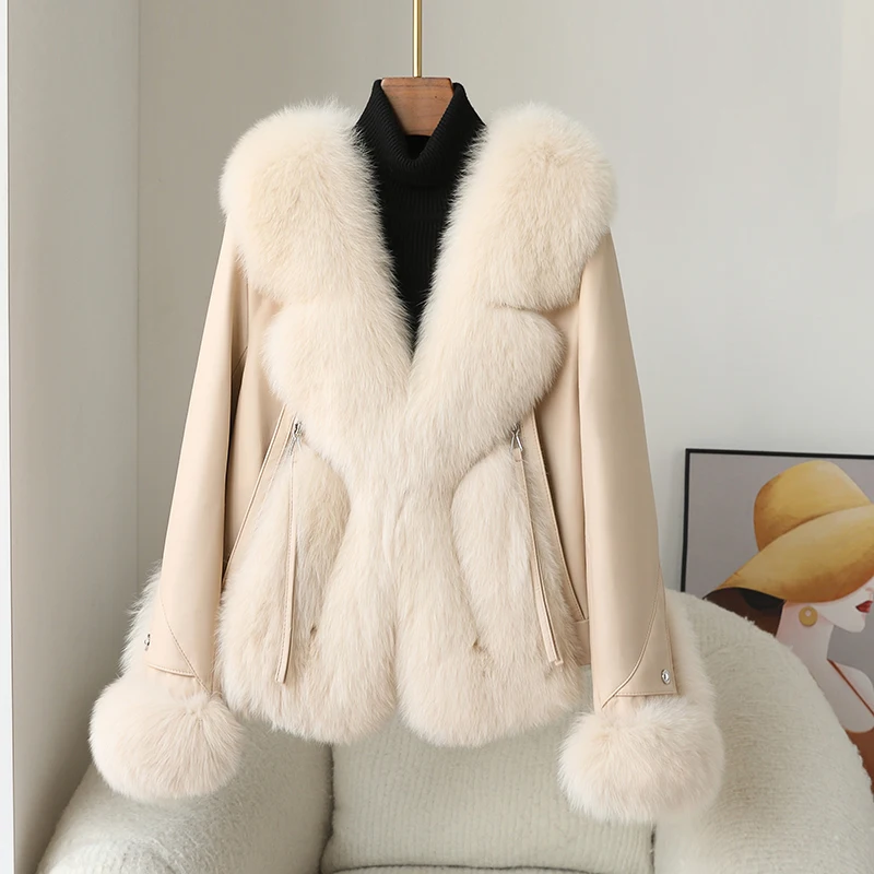 

Lady Women Genuine Leather Fox Fur Warm Jacket Female Goose Down Filling Winter Coat Sheep Skin Overcoat JT3471