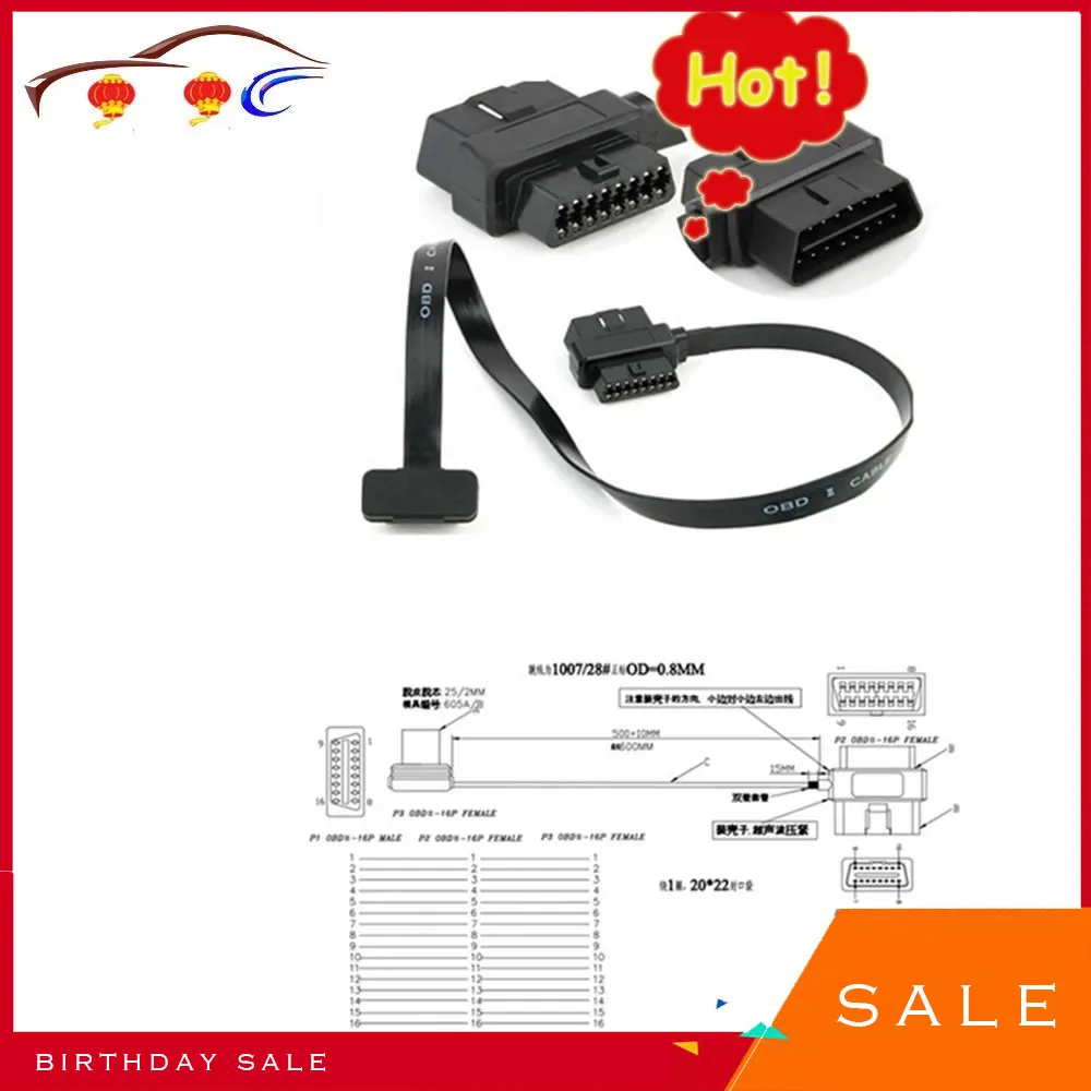 

Male + Female Flat Wire OBD2 Extension Adapter OBD2 16-pin 16 Pin Full Convert Cord for Car Diagnostic Scanner Connector