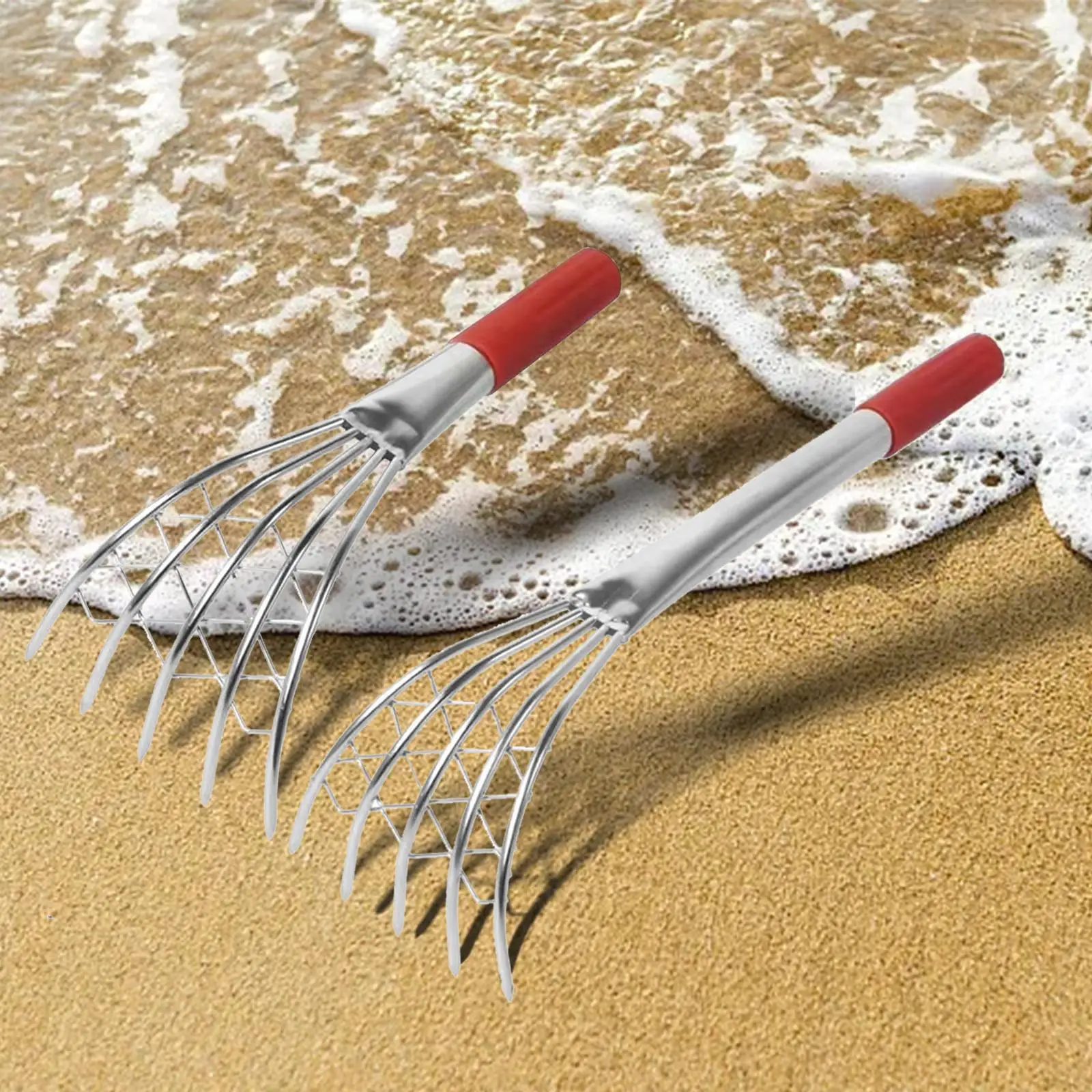 Claw Rake Long Handle Stainless Steel Shell Clam Digger 5 Prong Hand Rake for Gardening Weeding Beach Digging Tools