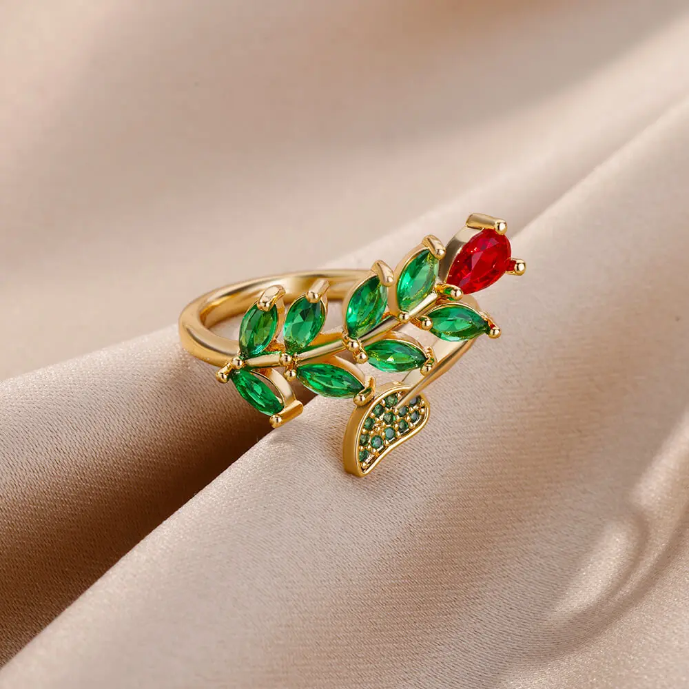 Zircon Green Rose Flower Rings For Women Stainless Steel Adjustable Leaves Ring