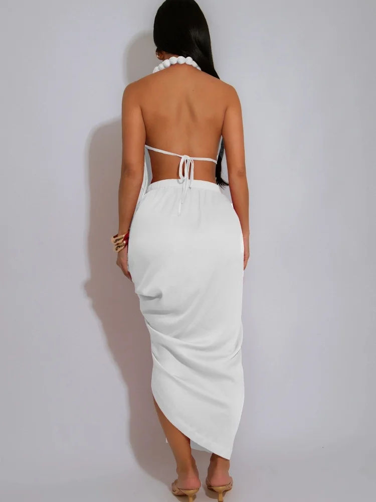 wmstar dress women wholesale Deep V neck beaded halter sexy high slit solid color pleated luxury birthday dress woman sexy