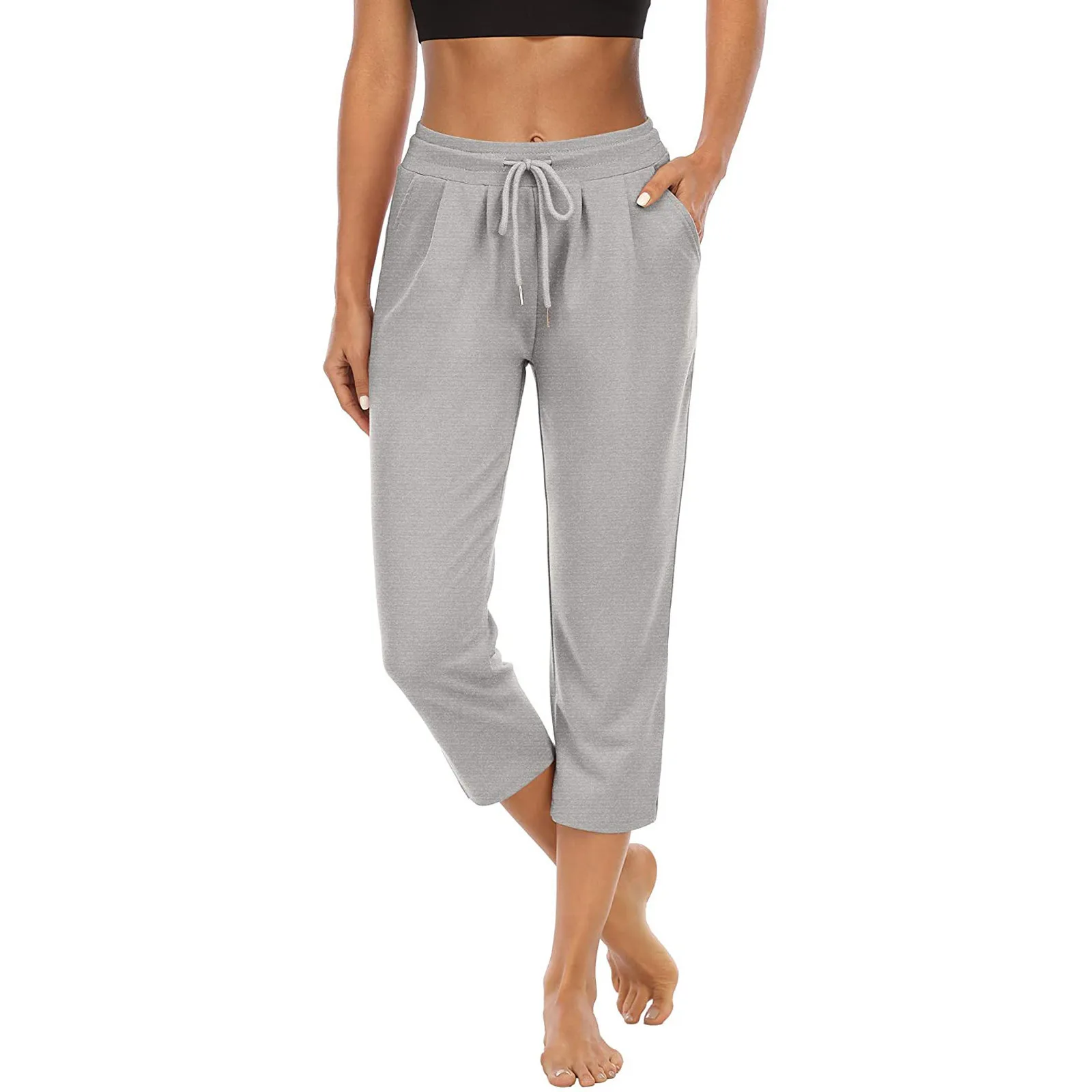 Women's Solid Color Pocket High Waist Sports Fitness Yoga Wide Leg Capri Pants