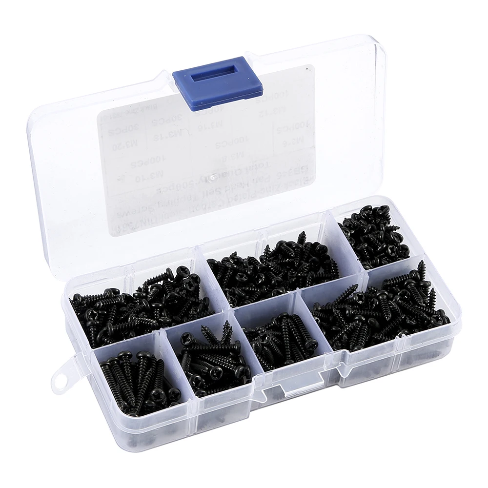 500pcs M3 Screws Black Self Tapping Screws Pan Head Cross Self Drilling Wood Screw Assortment Kit 6/8/10/12/16/18/20mm Carbon