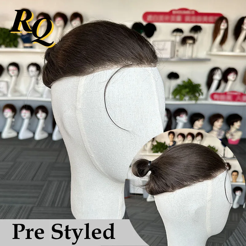 Pre Styled Thin Skin Men Toupee Human Hair Men Wig With Bun