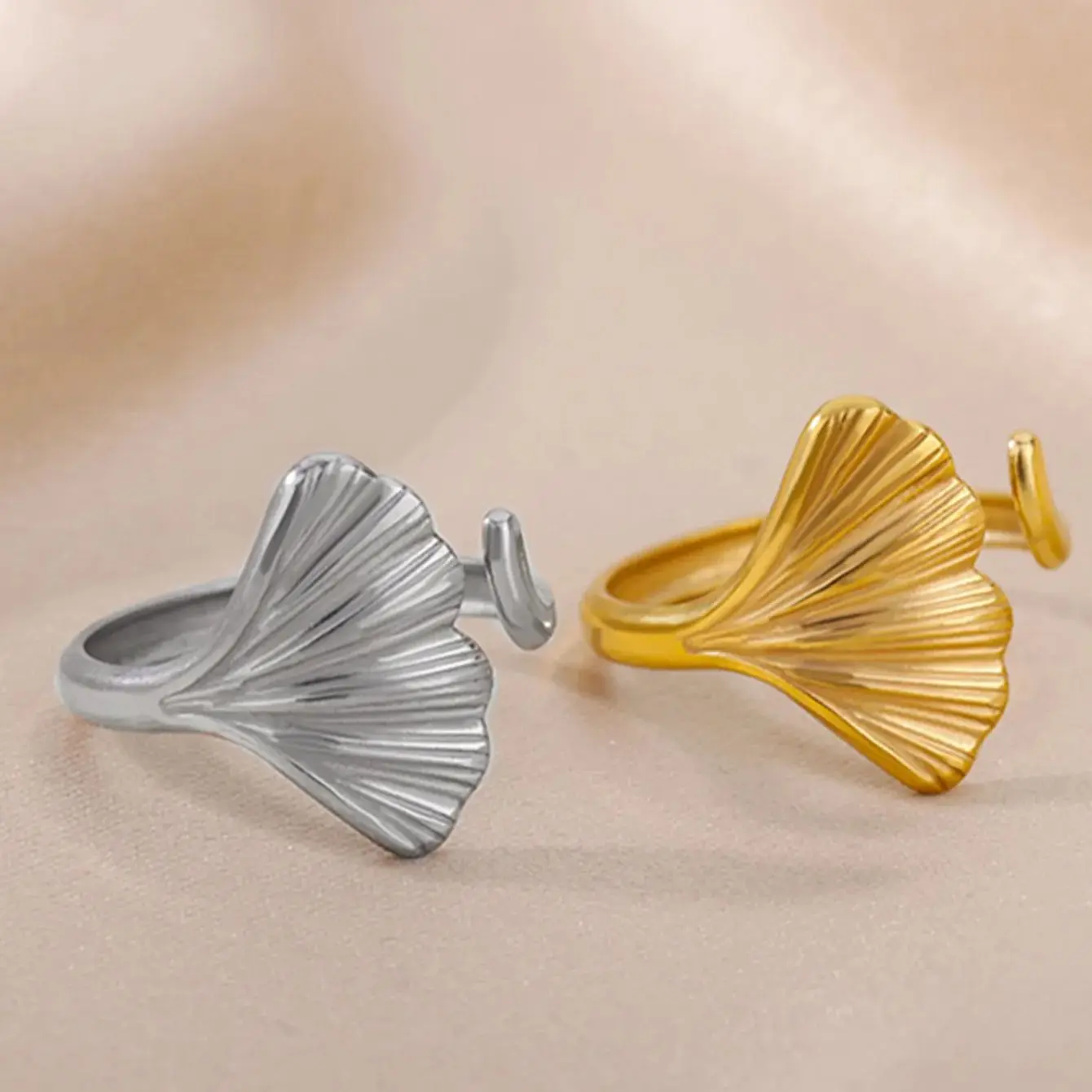 Fashion Ginkgo Leaf Rings Women Gold Stainless Steel Adjustable