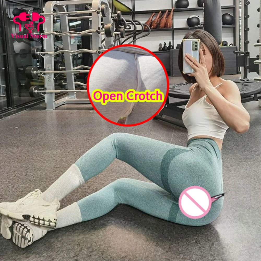 Woman Open Crotch Sexy Leggings with Double Zippers Easy Take Off Panties Sport Crotchless Pants Elastic Outdoor Sex Costume