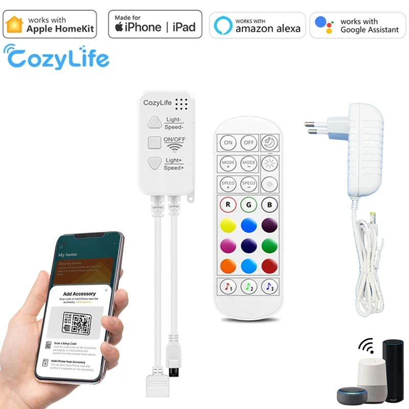 CozyLife-tira de luces LED Homekit, controlador 5050 RGB, sincronización de música, IOS/Android, AppleSiri /APP/Remote/Alexa y Google, CC de 12V
