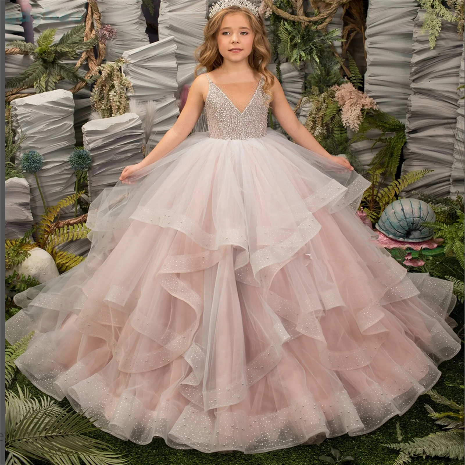 

A+Lace Appliqued Pink Beaded Ball Gown Girls Pageant Dresses Straps Princess Flower Girl Dress Sequined Satin Appliqued
