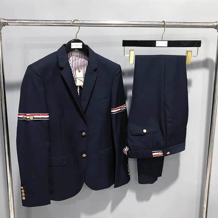 

High Quality TB Korean Style Suit Red, White and Blue Ribbon British Style Anchor Gold Buckle Short Suit Suit