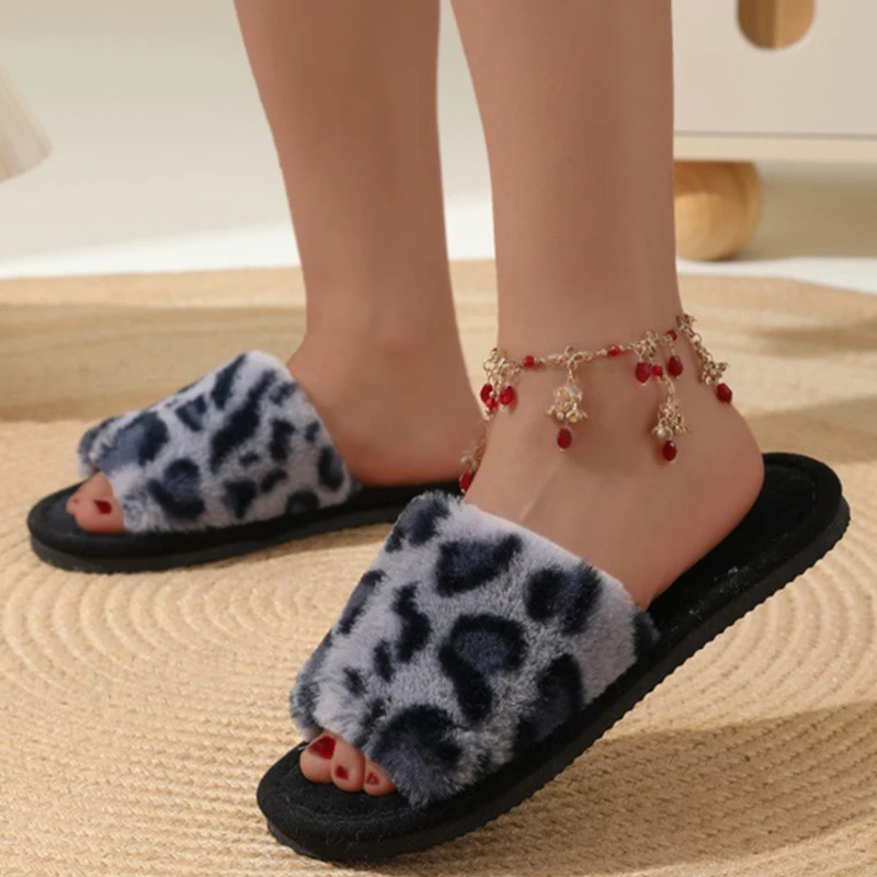 Retro Leopard Print Fur Slippers Women Slip On House Warm Cotton Slippers Woman Flat Heel Fluffy Living Room Shoes Female