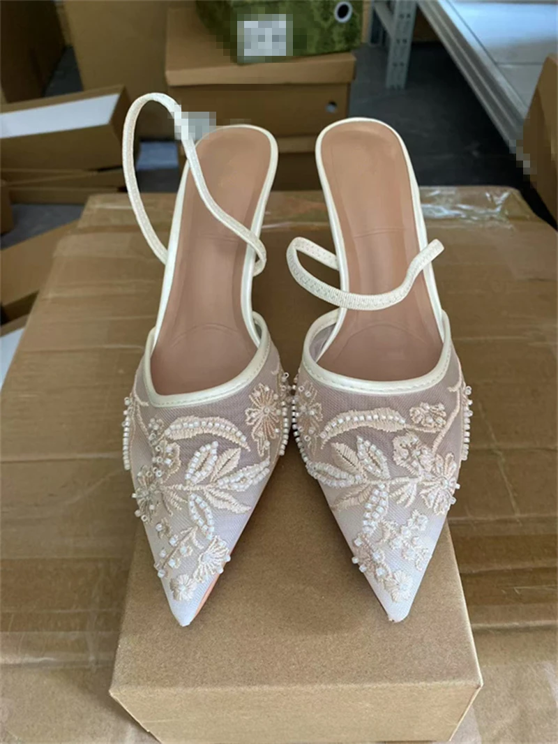 Women's Mesh Floral Embroidered Slingback High Heels Female Open Heel Pearl Studded Pointed Toe Sandals Sexy Stiletto Lady Mules 4