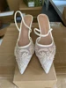 Women's Mesh Floral Embroidered Slingback High Heels Female Open Heel Pearl Studded Pointed Toe Sandals Sexy Stiletto Lady Mules 4