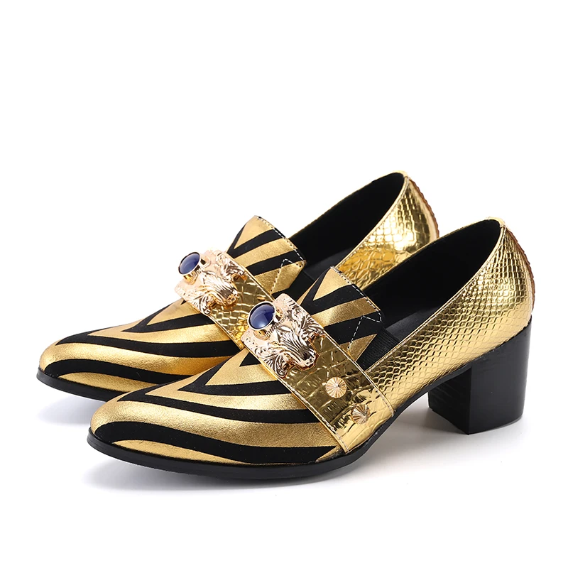 Plus Size Men's Gold Leather Shoes with Rivets and Stripes High-heeled Monk Strap Formal Shoes Club Party Leather Formal