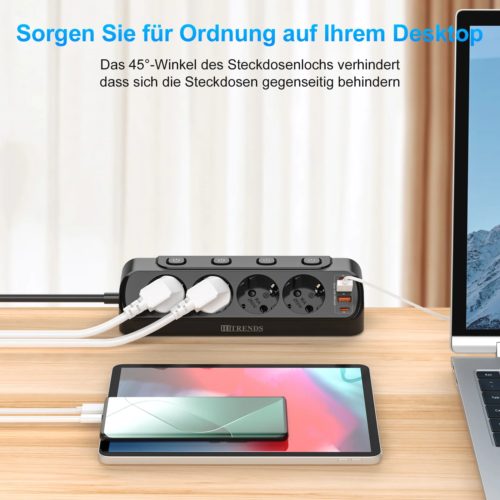 flat plug 90-degree desktop power strip with 4 AC outlets 2 USB 2 Type C PD20W fast charge EU power socket 3m cable for home 4