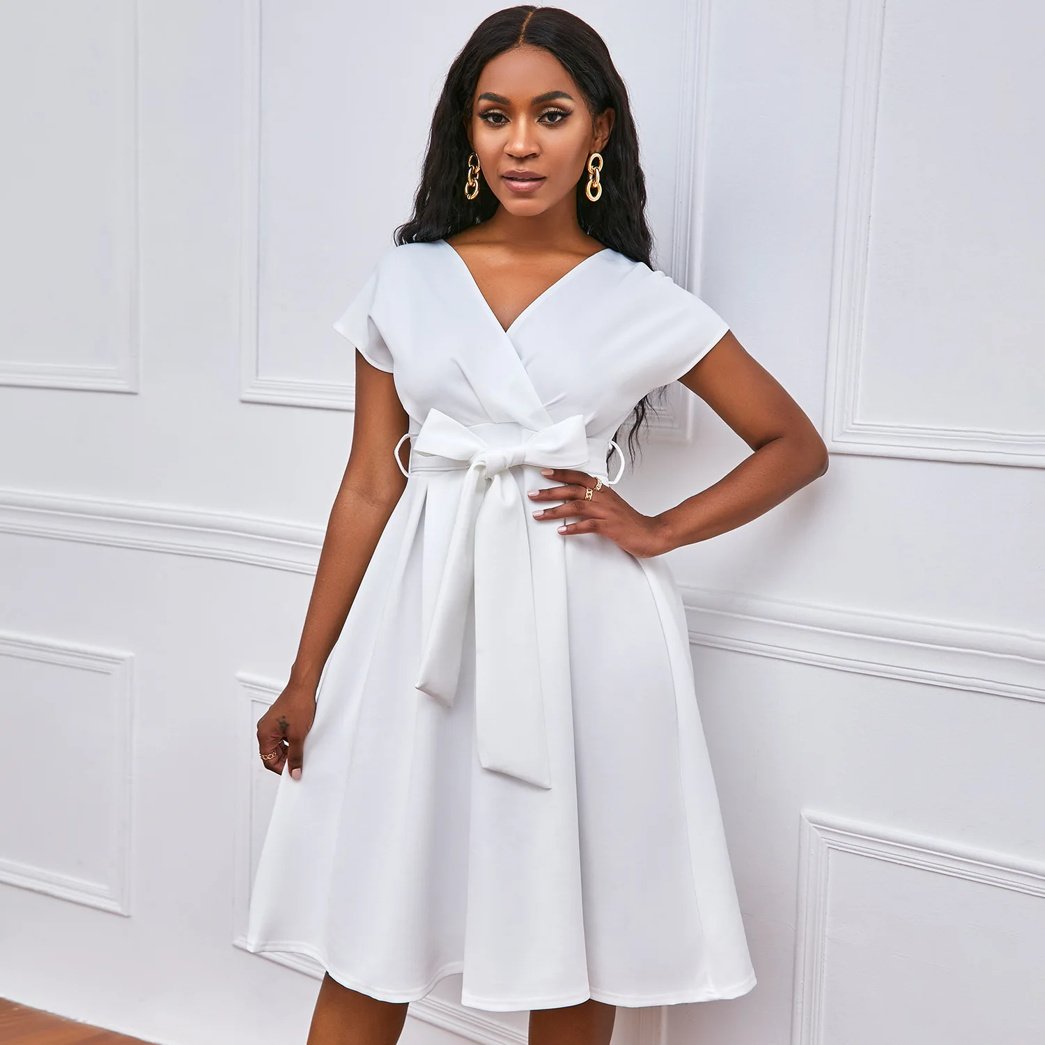 

Summer V-neck Solid Color Waistband Bow Tie Large Hem Formal Dress