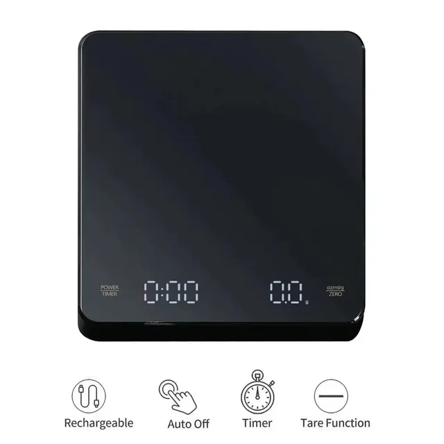 Цифровые весы для кофе с таймером, зеркальный экран, эспрессо, USB, максимальный вес 3 кг, максимальный вес 0,1 г, высокая точность измерений в унциях/мл/г, кухонные весы 2