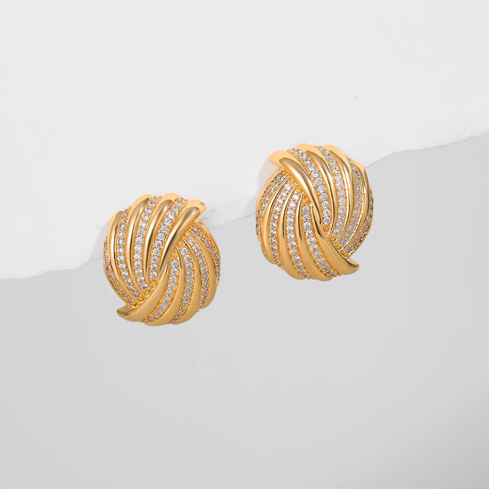 Unusual Spiral Geometric 18K Gold Plated Stud Earrings for Women Inlay Shining Zircon Wing Knot Shape Ear Studs Vintage Jewelry
