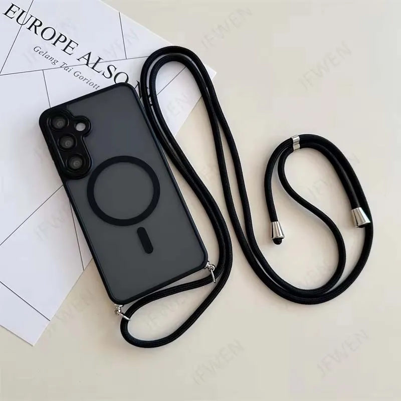 Luxury Frosted Lanyard Magnetic Phone Case with Lens Film and Wireless Charging Support