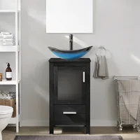 18" Small Bathroom Vanity Sink Combo Modern Freestanding Cabinet W/Matte Glass Door Drawer Blue Boat Tempered Vessel Sink 1
