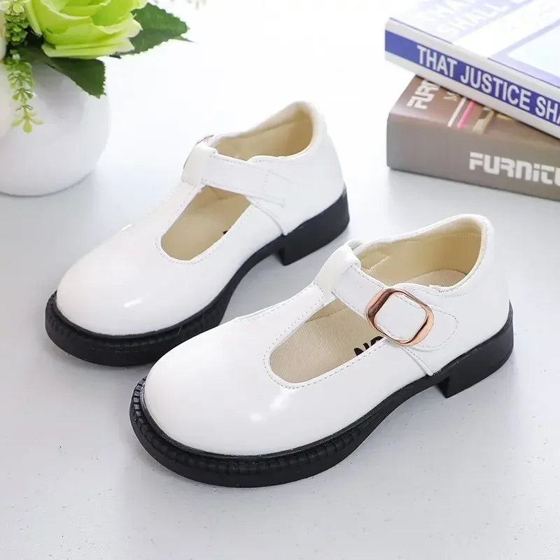 Black White Leather Girls School Party Flats