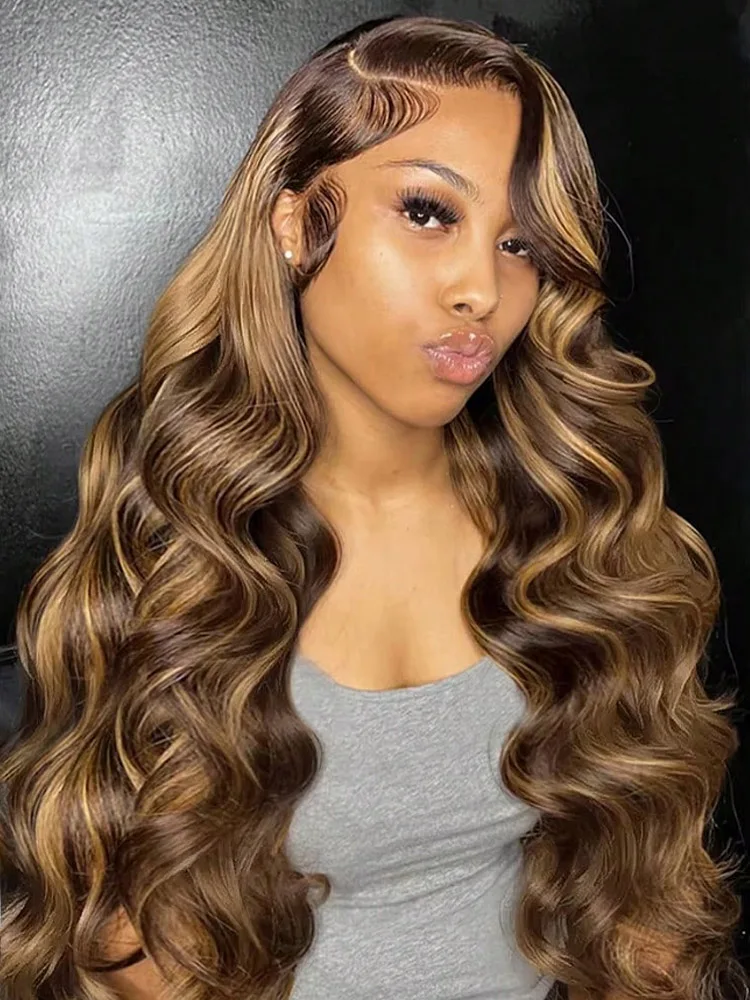 28Inch 200% Highlight Honey Blonde Wig 13x4 HD Transparent Lace Frontal Wig Honey Blonde Body Wave P4/27 Pre Plucked with Baby