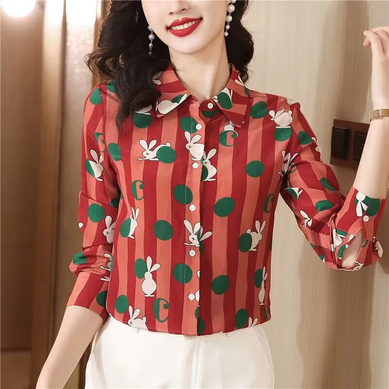 Women Chic Printed Shirts Elegant Long Sleeved Fashion Loose Blouses Office Lay Casual Bohemian Turn-down Collar Tops