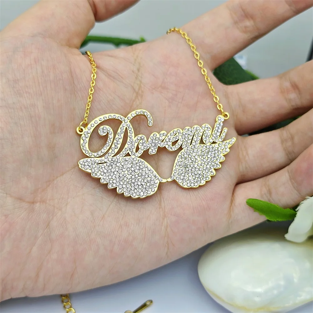 2023 Personalized Stainless Steel Zircon Name Necklace Custom Angel Wing Letter Necklace For Women Jewelry Gifts