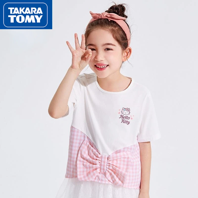 

Летняя хлопковая Футболка для девочек TAKARA TOMY Hello Kitty с коротким рукавом и бантом, дышащий милый Повседневный детский топ контрастных цветов