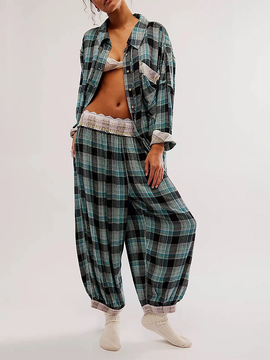 

Women Striped 2 Piece Pajama Set Long Sleeve Button Down Blouse Gingham Wide Leg Lounge Pants Sets Sleepwear