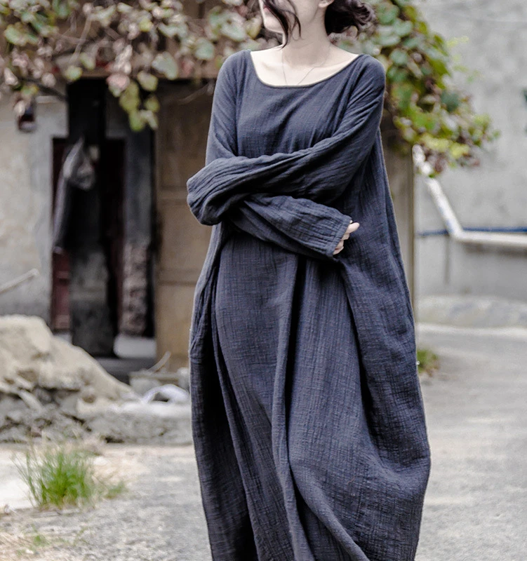 أحدث فساتين Vestidos Mujer 2025 لخريف وربيع بلون سادة من القطن والكتان للنساء مقاس كبير فساتين روبا للفنانين