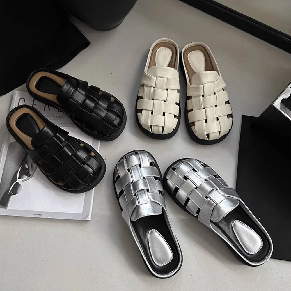 

Leisure Baotou Half Slippers for Women's Summer Outwear 2024 New Retro Woven Hollow Thick Sole One Step Step Lazy Slippers