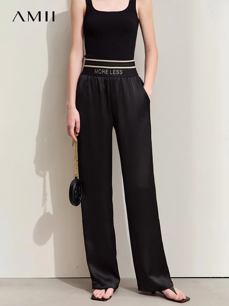Amii Minimalism 2024 Women Wide-leg Casual Pants Summer New Letter Embroidery Rubber Band Waist Fashion Female Trousers 12422121