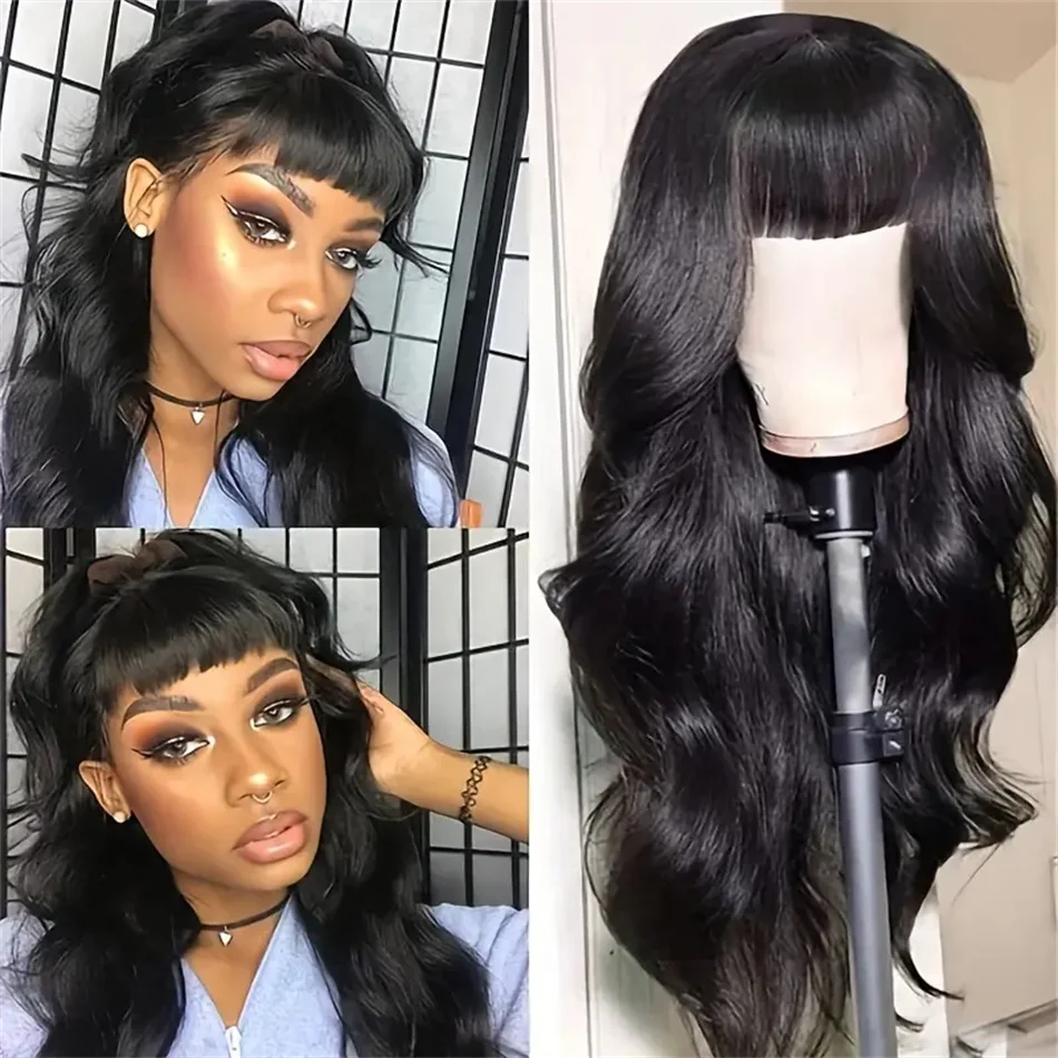 

12A Body Wave Wig With Bangs Human Hair Wigs For Women Human Full Machine Peruvian Body Wave Wigs Glueless Wig Ready To Wear